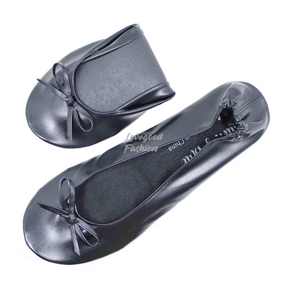 Foldable Ballet Slipper Shoes with Matching Bag Black Lovegood Fashion