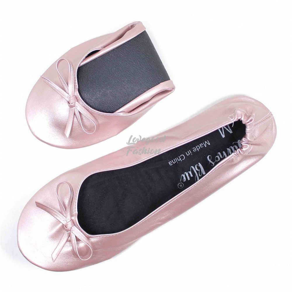 Pearl Pink Fold Away Flat Bridal Shoes with A Pouch - Lovegood